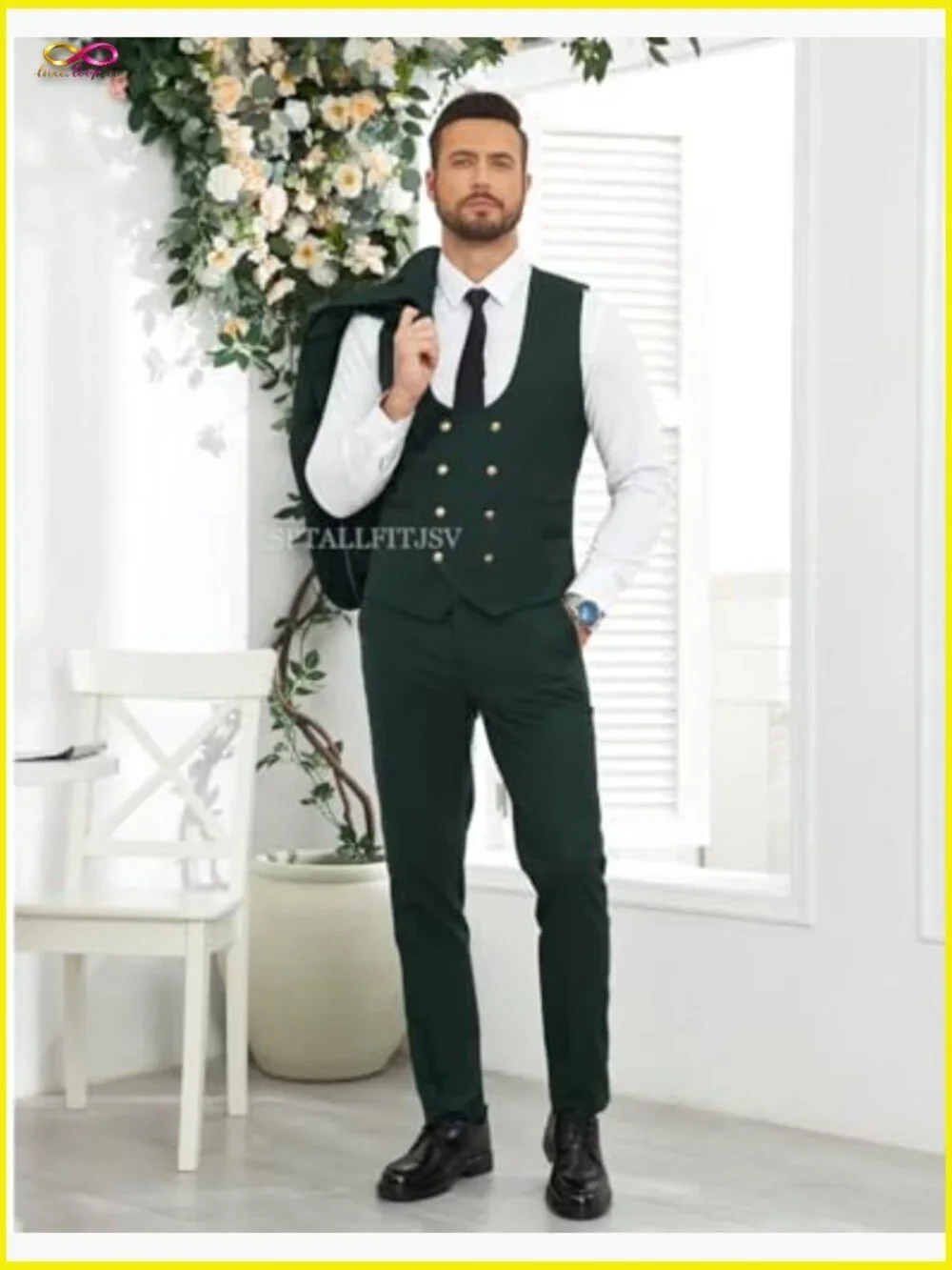 Slim Fit Three Piece Suit Double Breasted Vest Gold Button Formal Elegant